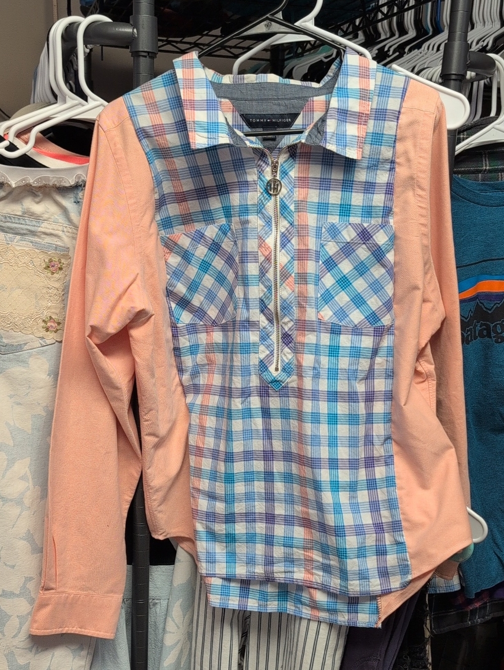 Tommy Hilfiger Peach Sleeves Blue & Peach Plaid Zip Front Shirt
